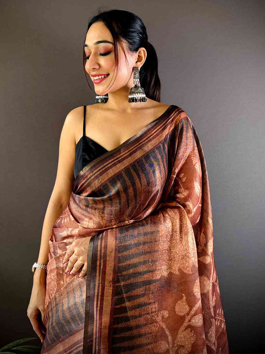 Coffee Brown Floral Stripes Tissue Saree by My Store