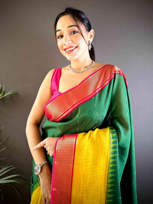 Green Zari Pallu Cotton Viscose Saree by My Store