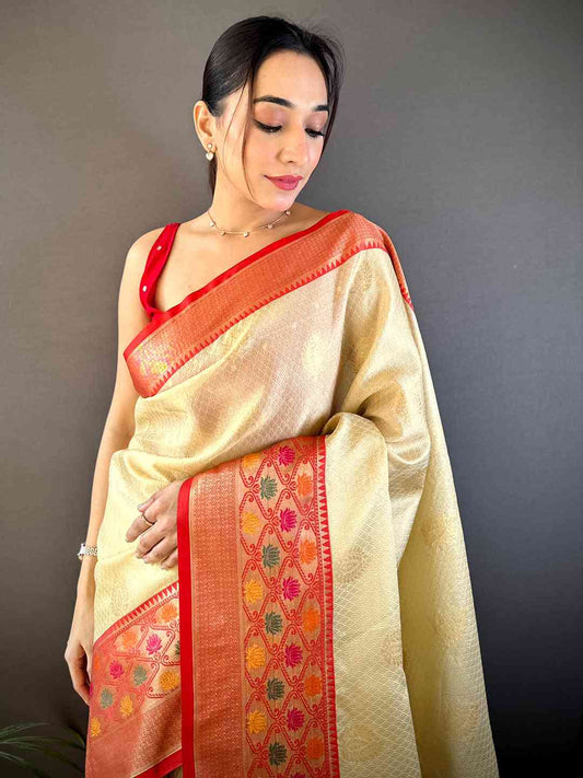 Cream Banarasi Silk Minakari Kanchi Border Saree by My Store