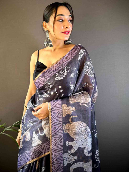 Purple Kalamkari Block Print Chanderi Saree by My Store