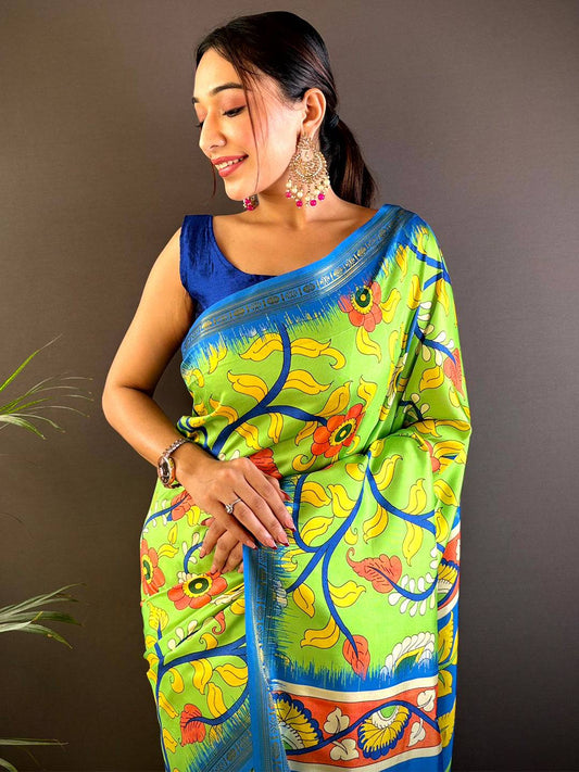 Volt Green Soft Silk Kalamkari Saree