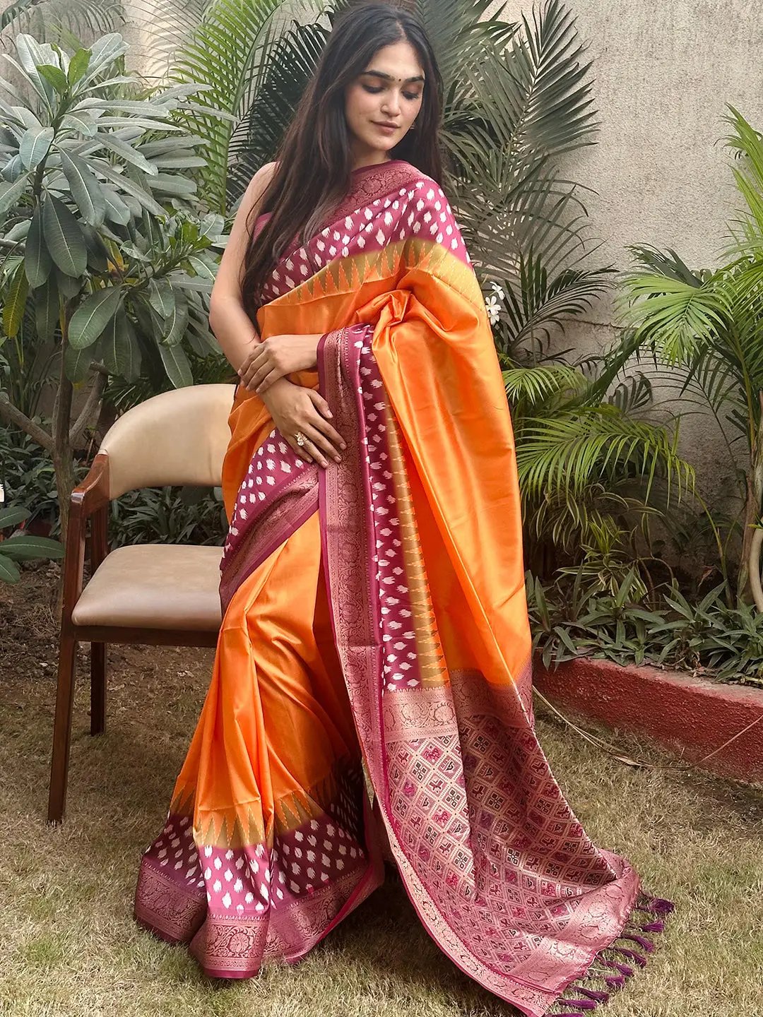 Pure Banarasi Soft Silk With Patola Pallu on Saree in Orange Colour by My Store