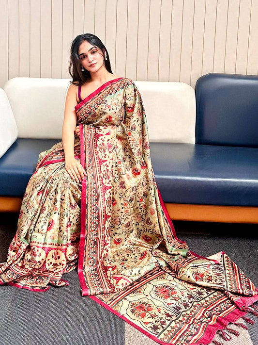 Pista Tussar Silk Flower Pashmina Print Saree by My Store