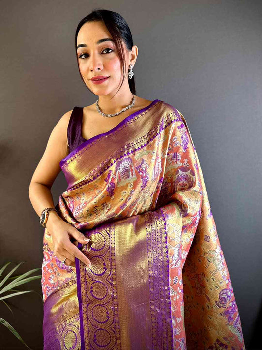 Elegance Golden Dharmavaram Silk Saree by My Store