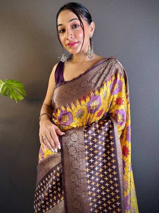 Golden Cross Ikkat Yellow Saree by My Store