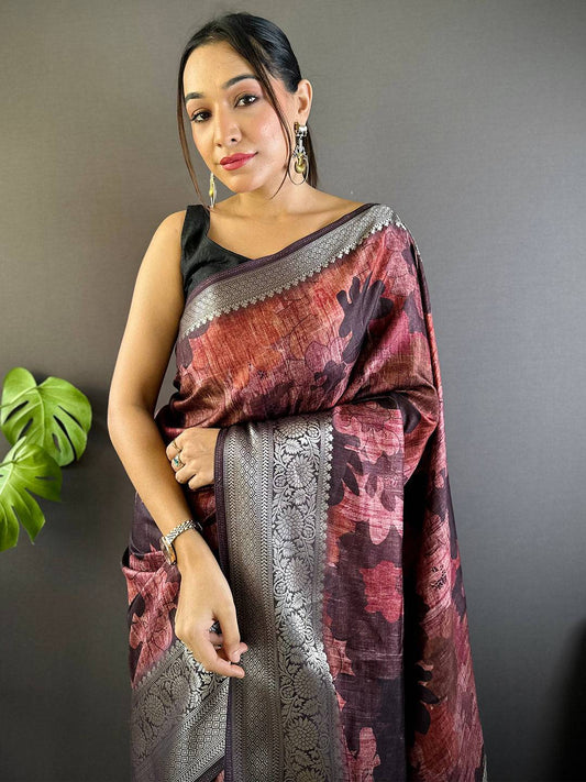 Maroon Zari Woven Floral Dola Silk Saree by My Store