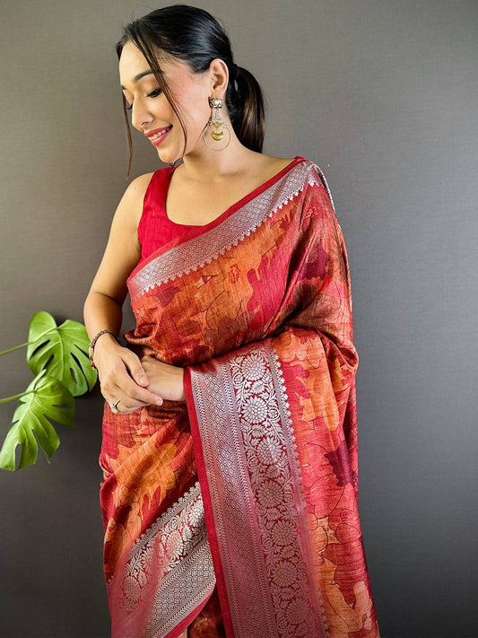 Red Zari Woven Floral Dola Silk Saree by My Store