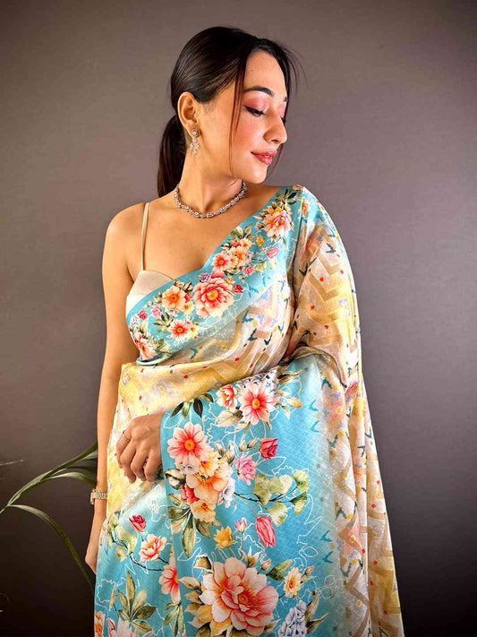 Sky Blue Zari Zigzag Kota Doriya Saree by My Store