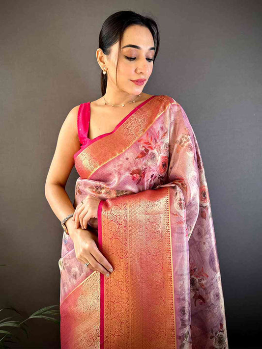 Purple Floral Gold Zari Tissue Saree by My Store