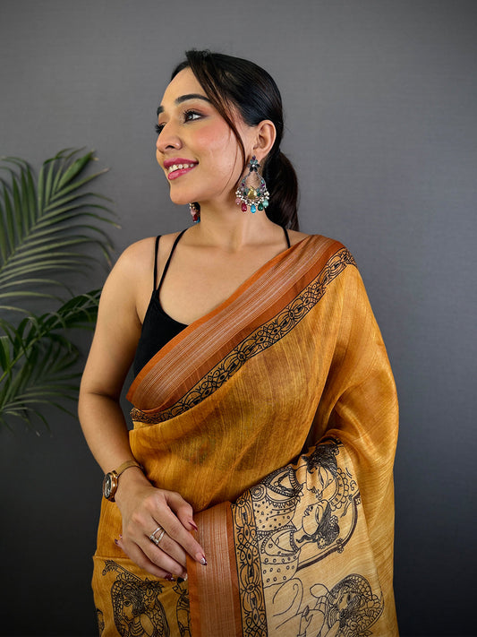 Mustard Linen Kalamkari Printed Saree by My Store