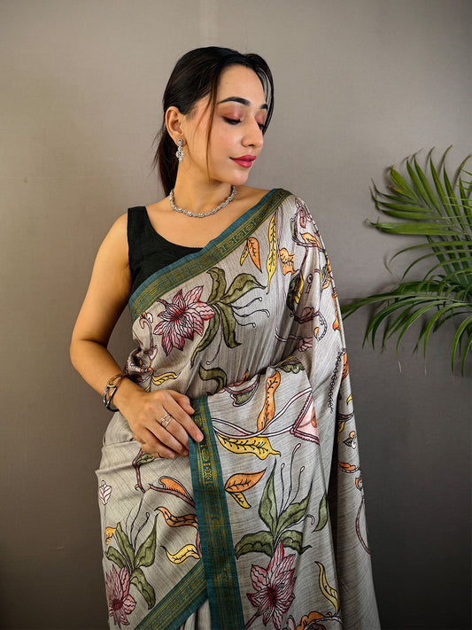 Grey Soft Silk Floral Print Saree by My Store