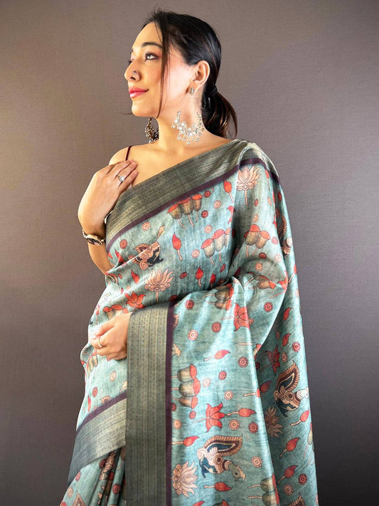 Sky Blue Kalamkari Tussar Silk Saree by My Store