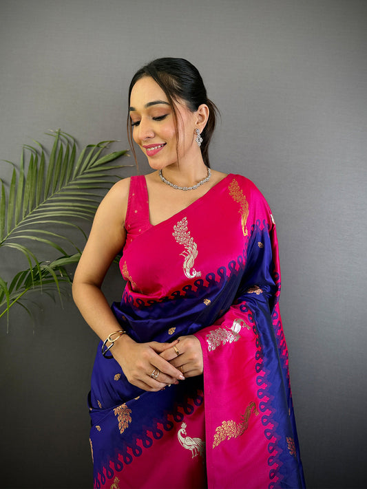 Purple Gold Zari Peacock Butta Soft Silk Saree by My Store