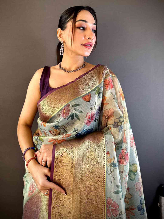 Fern Green Floral Gold Zari Tissue Saree by My Store