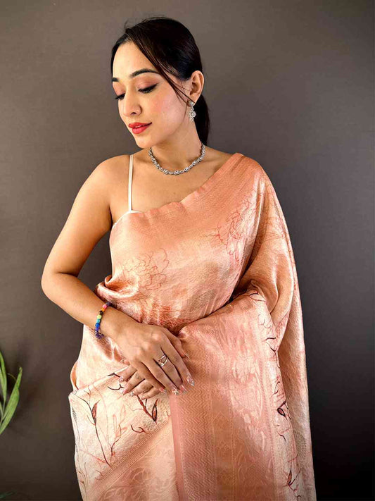 Salmon Pink Kanjivaram Digital Silk Saree by My Store