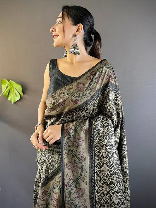 Black Patola And Kalamkari Fusion Saree