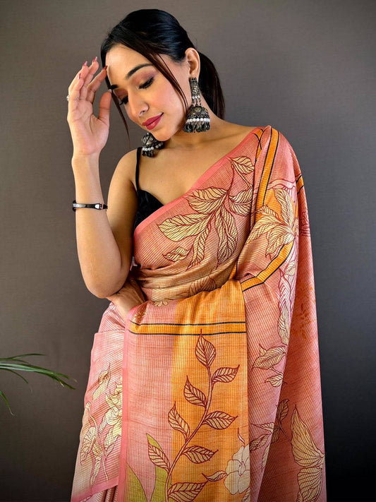 Pink Abstract Floral Zari Tussar Saree by My Store