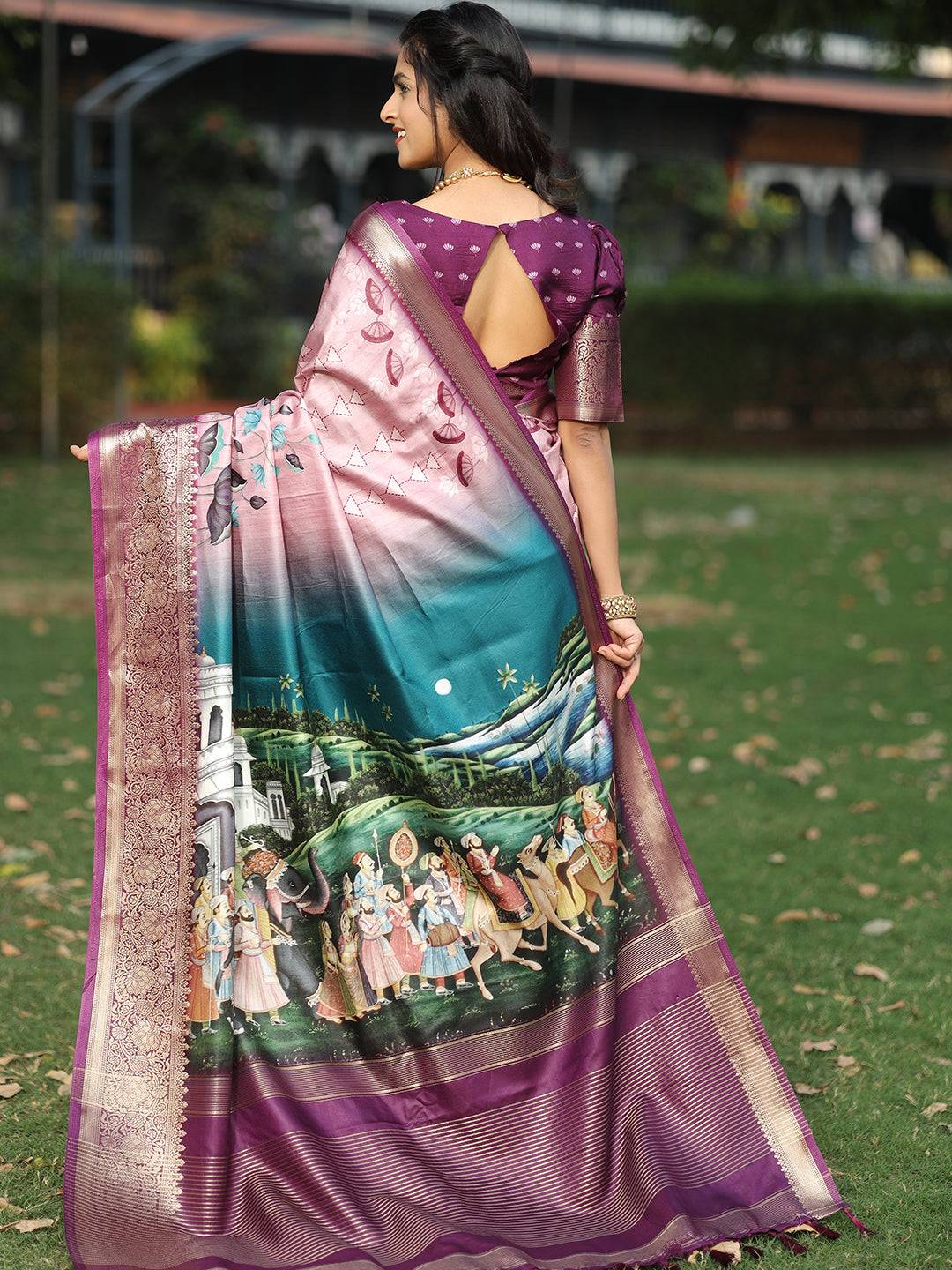 Viscose Dola Silk Pink Colour Saree with Floral and Mughal Print - Luxe