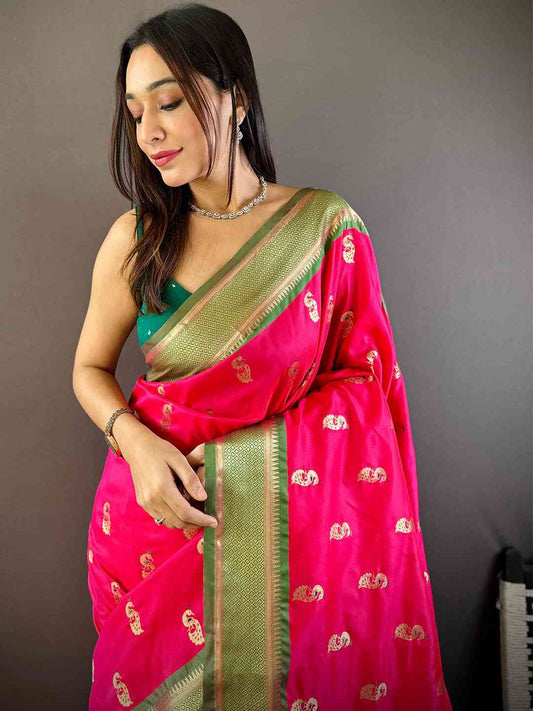 Exquisite Yevla Paithani Minakari Work Silk Saree in Pink Colour by My Store