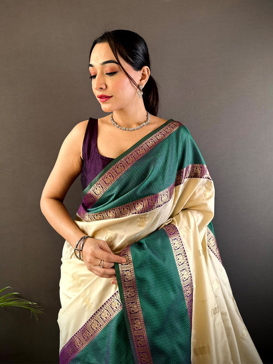 Graceful Cream Gadhwal Soft Silk Saree by My Store