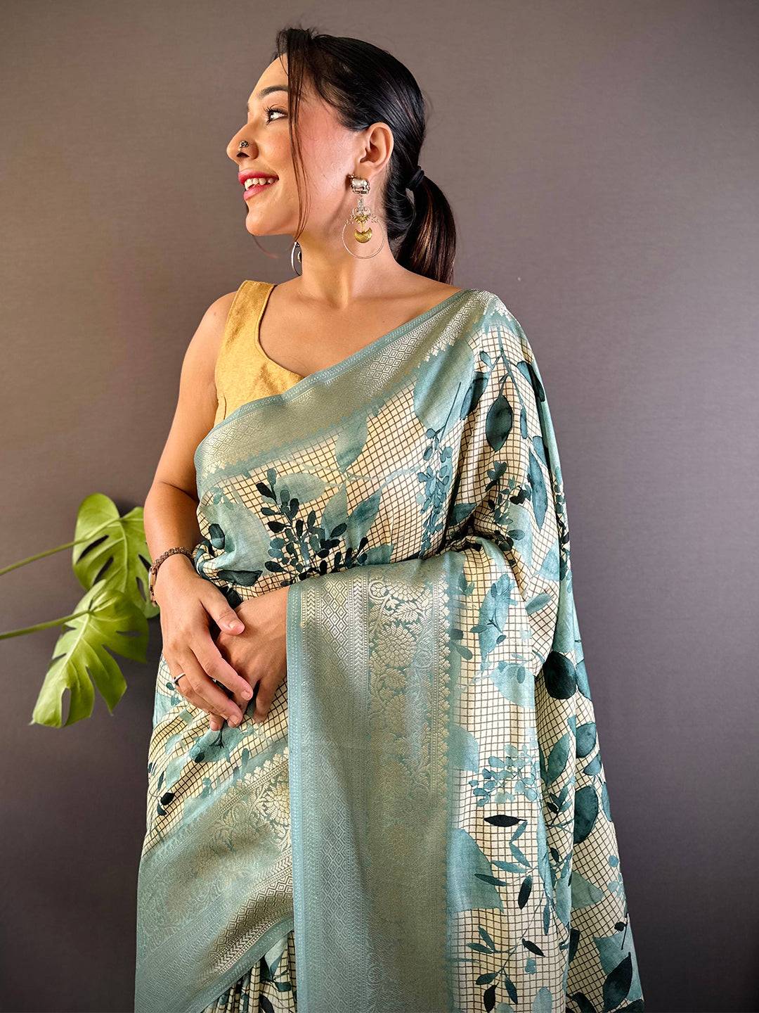 Leaf And Check Turquoise Viscose Saree by My Store