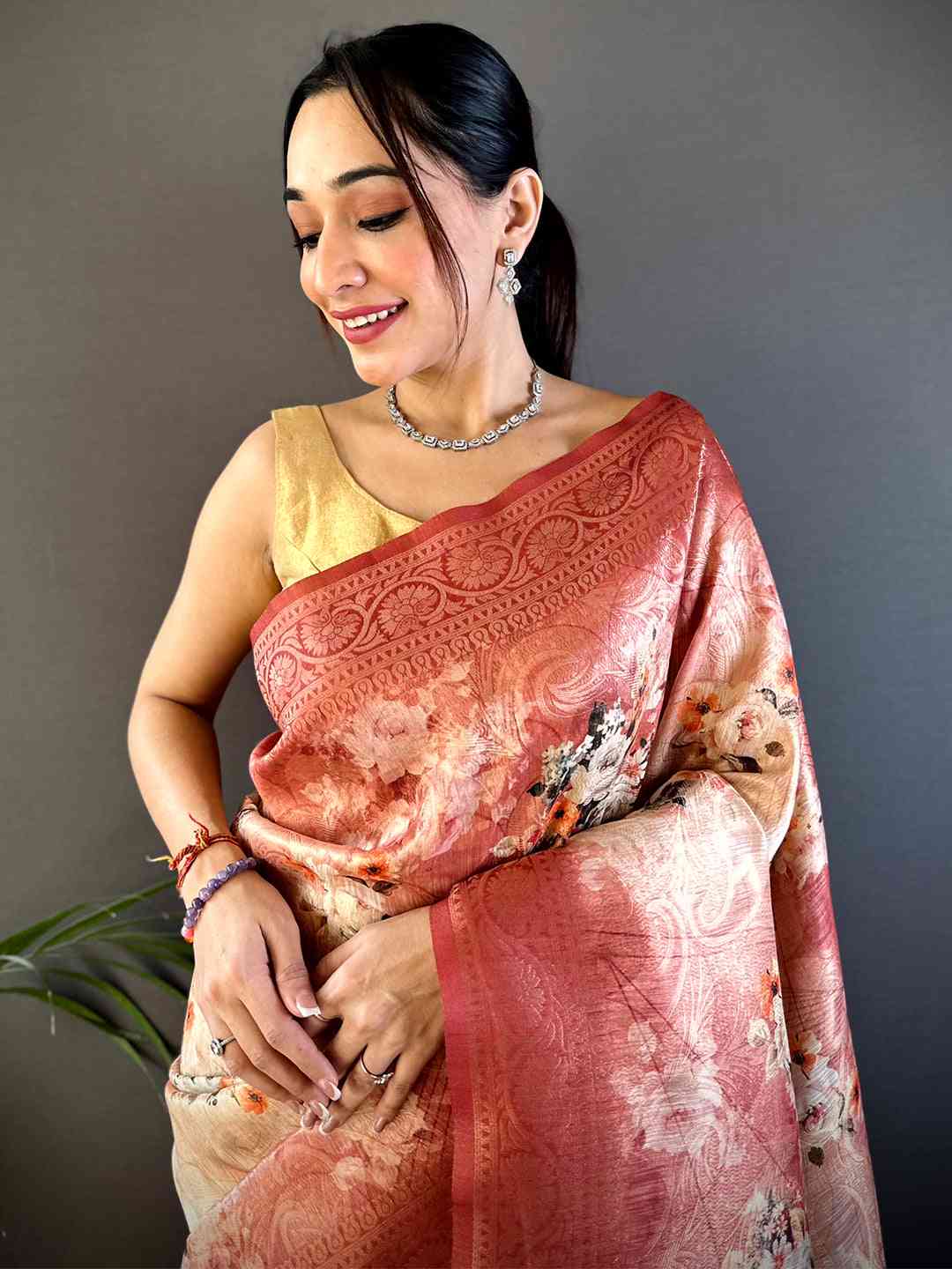 Red Slub Ghicha Zari Pallu Saree by My Store