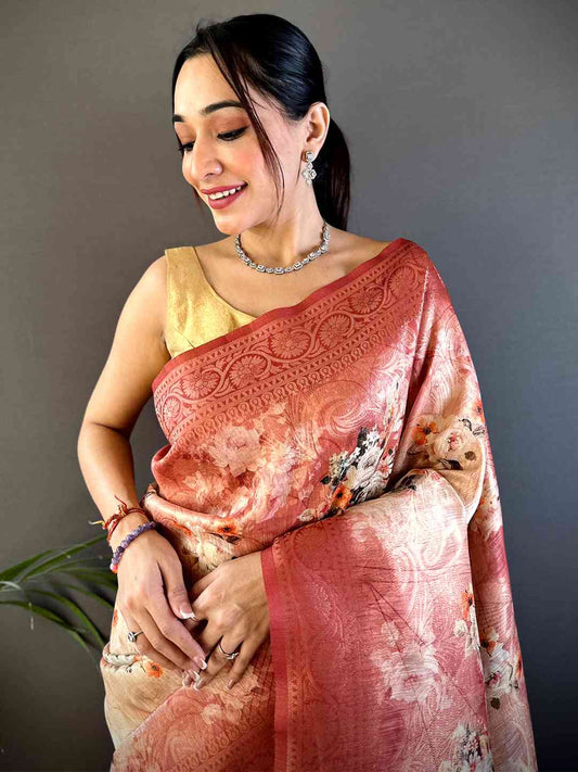 Red Slub Ghicha Zari Pallu Saree by My Store