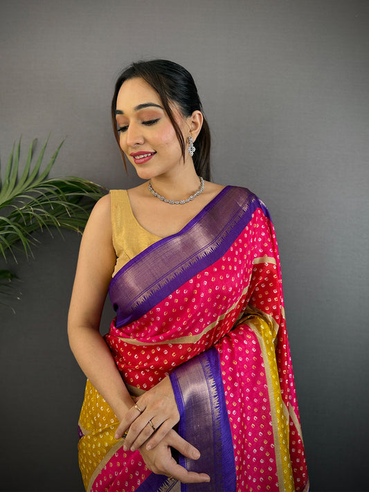 Purple Soft Dola Bandhej Print Saree by My Store