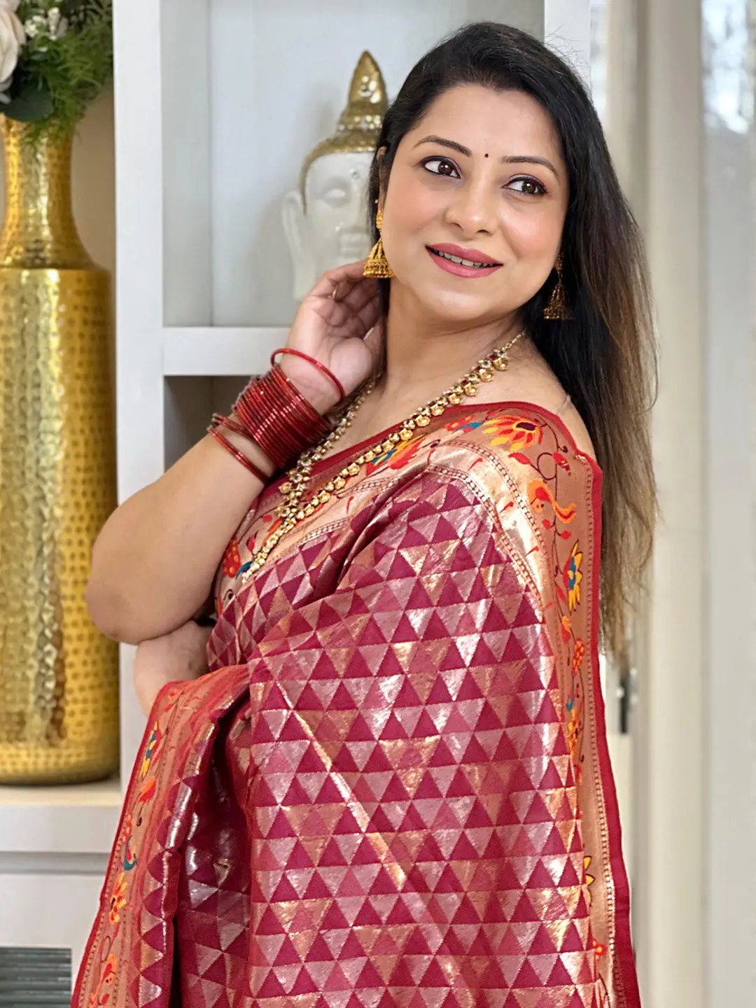 Wine Silk Blend Woven Zari Work Paithani Saree