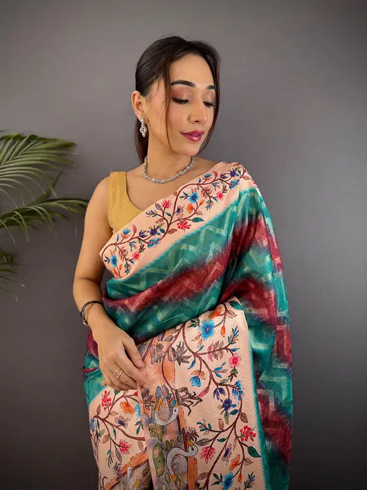 Teal Madhubani Print Soft Silk Saree