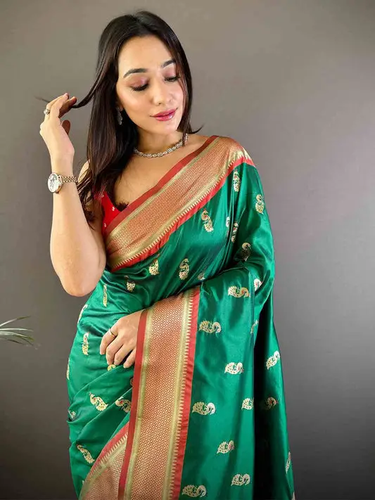 Trendy Yevla Paithani Minakari Work Silk Saree in Green Colour