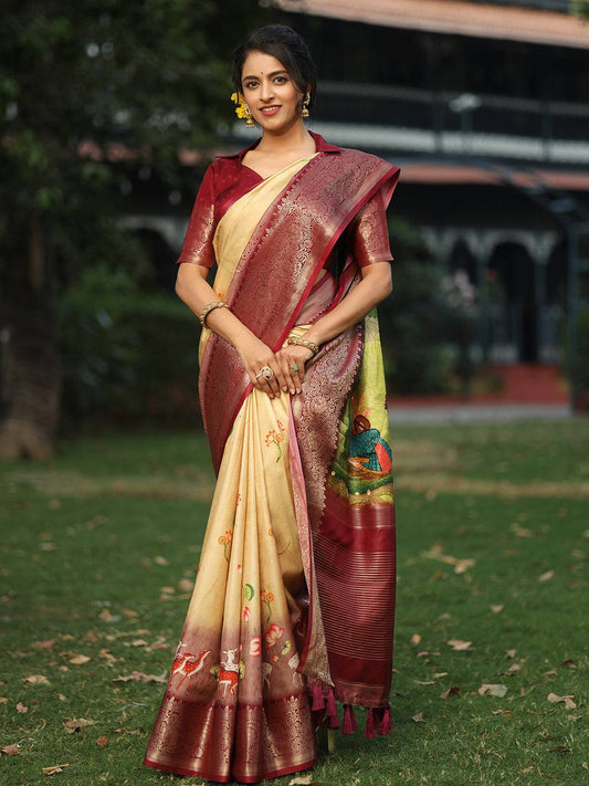 Pichwai Print Zari Weaving Pallu Saree In Yellow Colour - Luxe by My Store