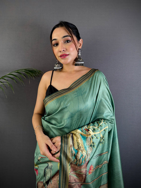 Green Soft Dola Silk Printed Saree by My Store