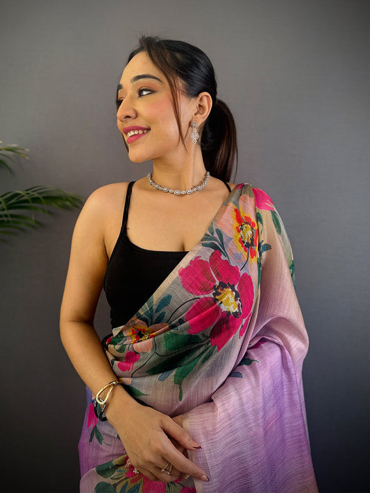 Purple Linen Chanderi Floral Print Saree by My Store