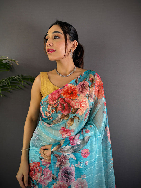 Sky Blue Soft Organza Digital Floral Saree by My Store