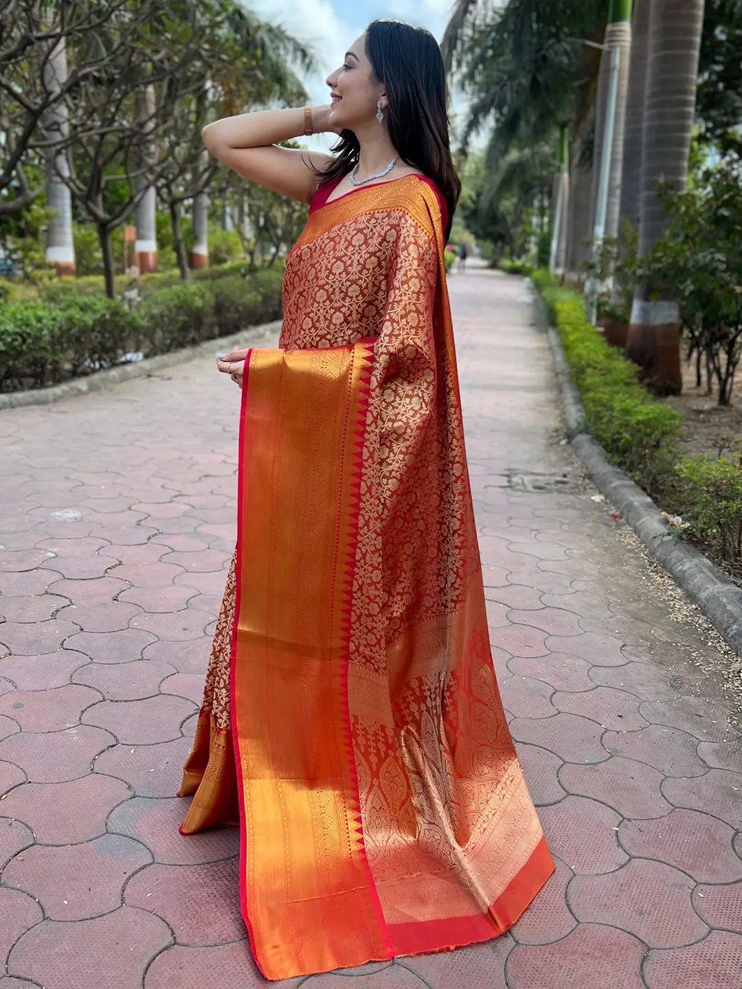 Orange Colour One Gram Gold Tissue Saree With Jacquard Woven Work by My Store