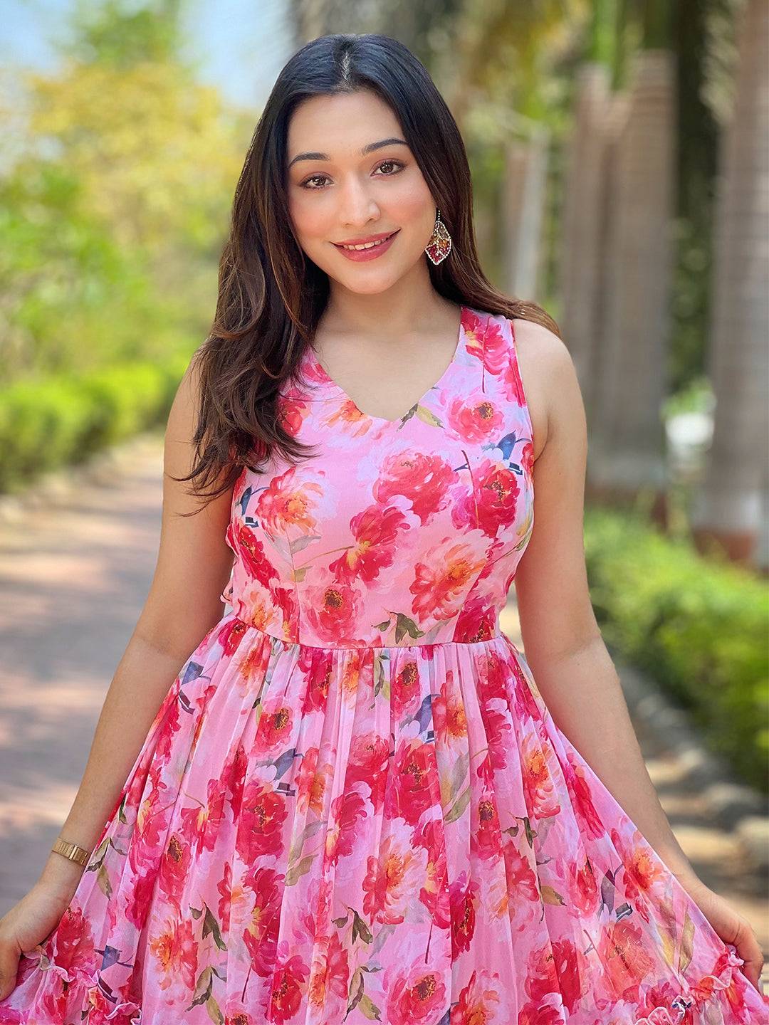 Neon Pink Floral Print Dress by My Store
