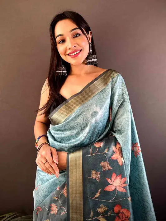 Blue Floral Grace Soft Silk Tissue Saree