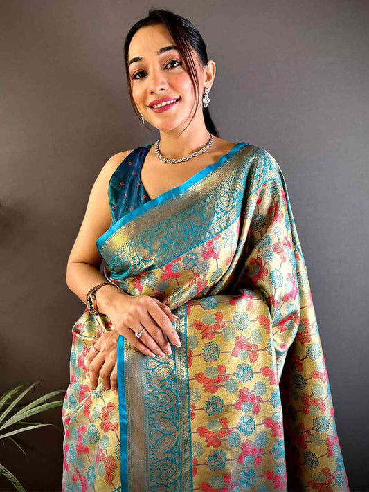 Serene Rama Floral Dharmavaram Silk Saree by My Store
