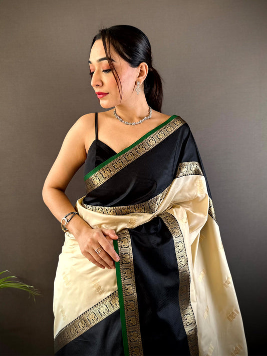 Cream Gadhwal Pure Soft Silk Saree by My Store