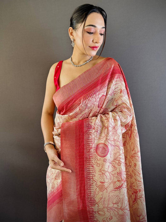 Pink Floral Tussar Silk Saree by My Store