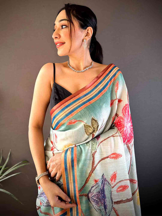 Floral Breeze Blue Chanderi Saree by My Store