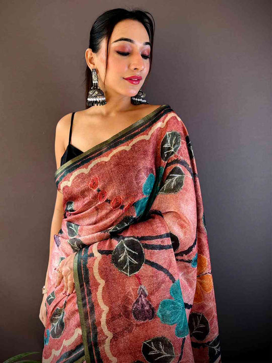 Rust Brown Folklore Tissue Chanderi Saree by My Store