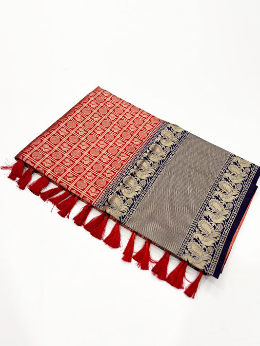 Red Silver Zari Butta Kanjivaram Silk Saree by My Store
