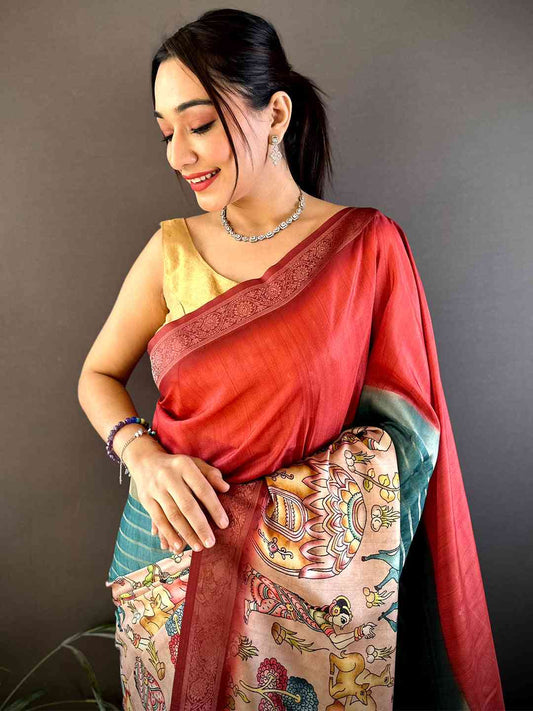 Rose Red Kalamkari Ombre Soft Silk Saree by My Store