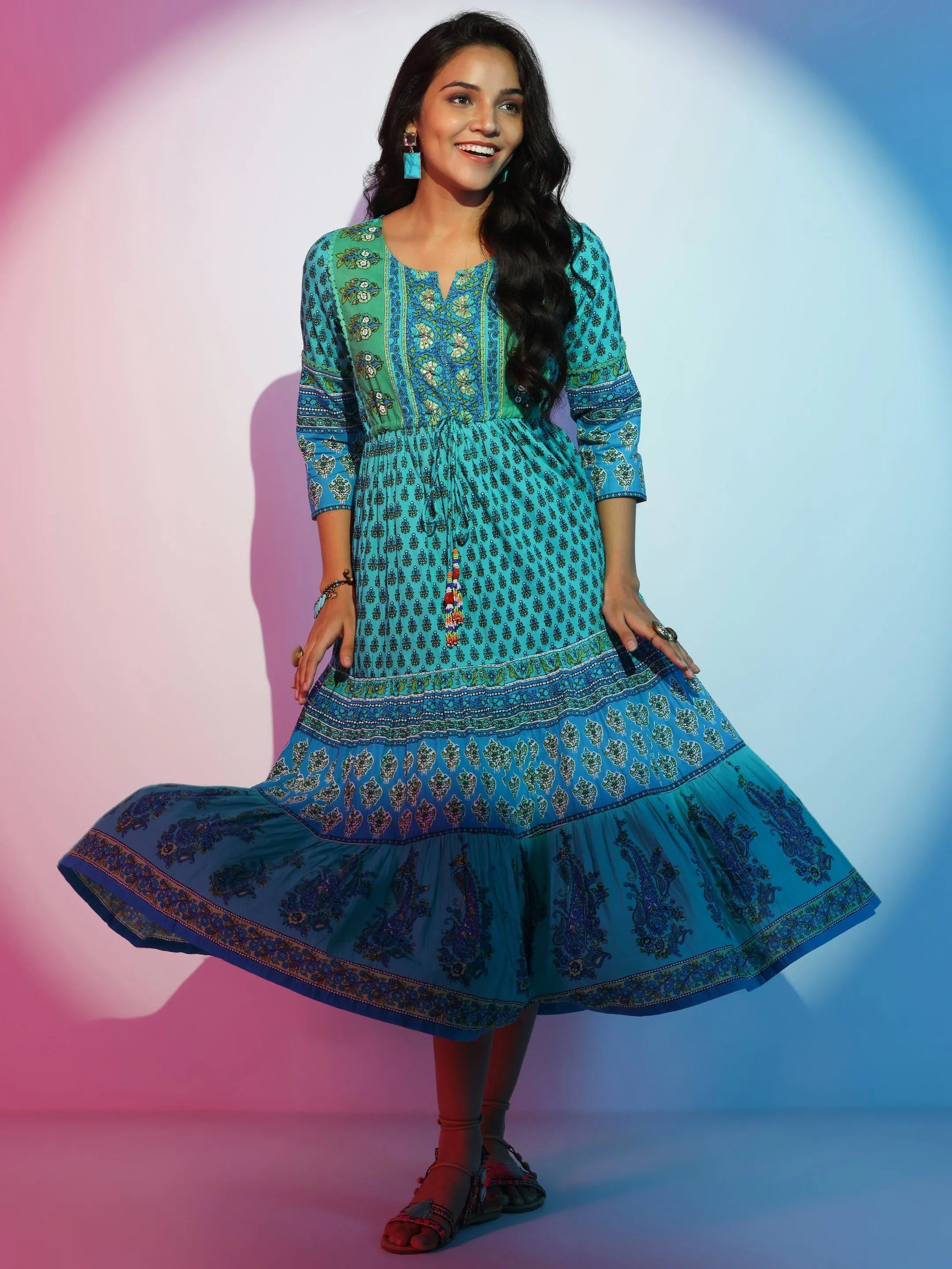 Green Printed Cotton Fit and Flare Dress by My Store