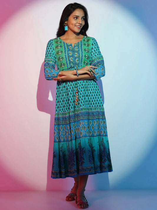Green Printed Cotton Fit and Flare Dress by My Store