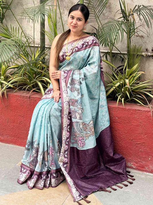 Turquoise Colour Satin Kota Doria Digital Kalamkari Zari Pallu