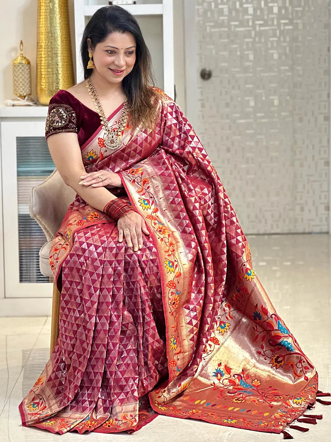 Wine Silk Blend Woven Zari Work Paithani Saree