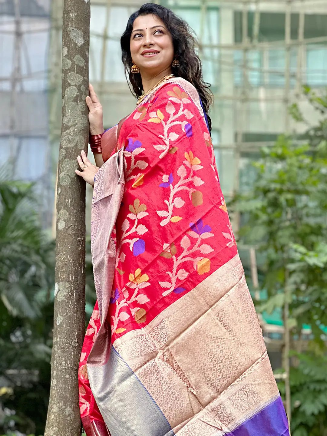 Banarasi Red Minakari Ikkat Print Saree by My Store